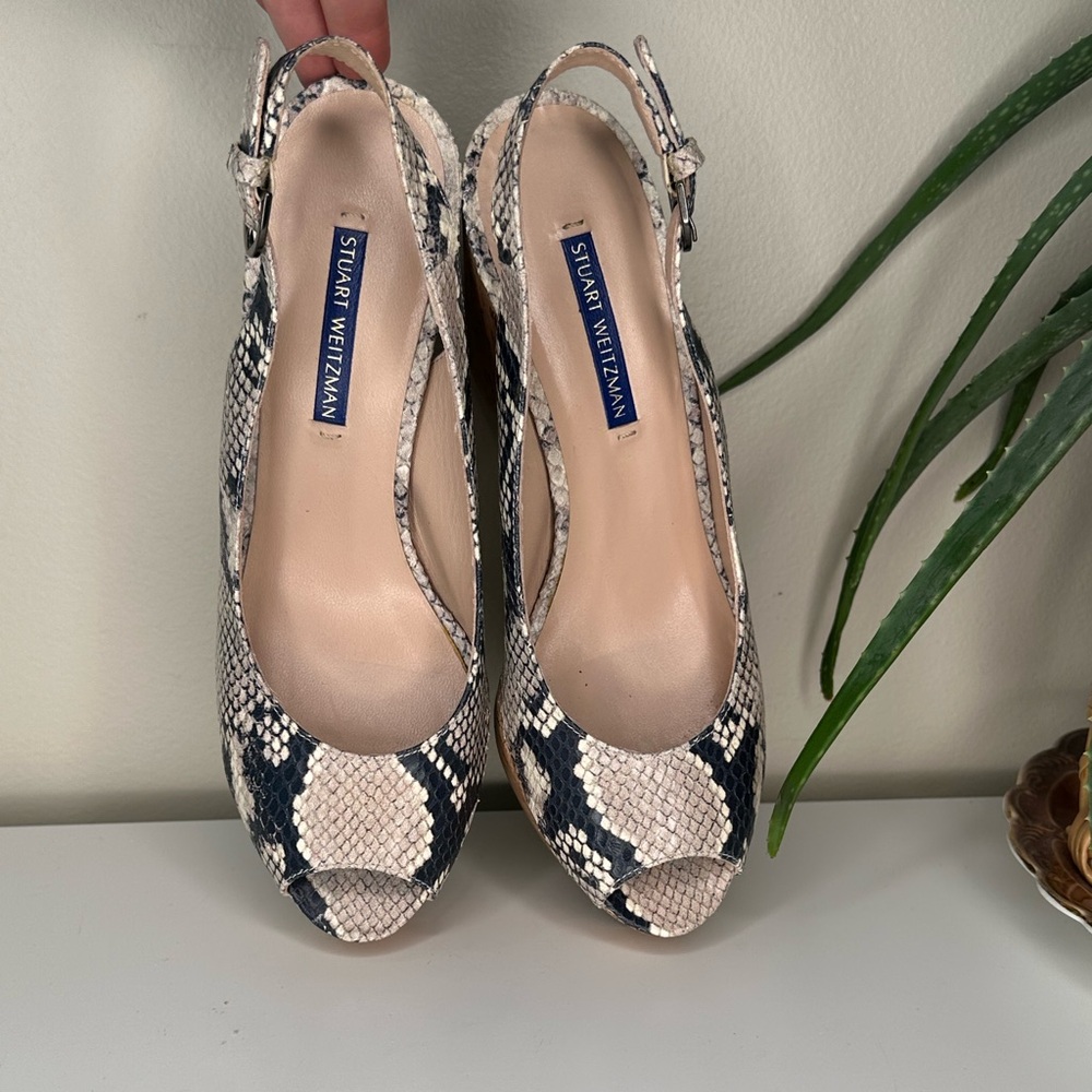 Stuart Weitzman Snakeskin Leather Cork Wedge Heels 8 | Peep Toe Slingback - Picture 7 of 13